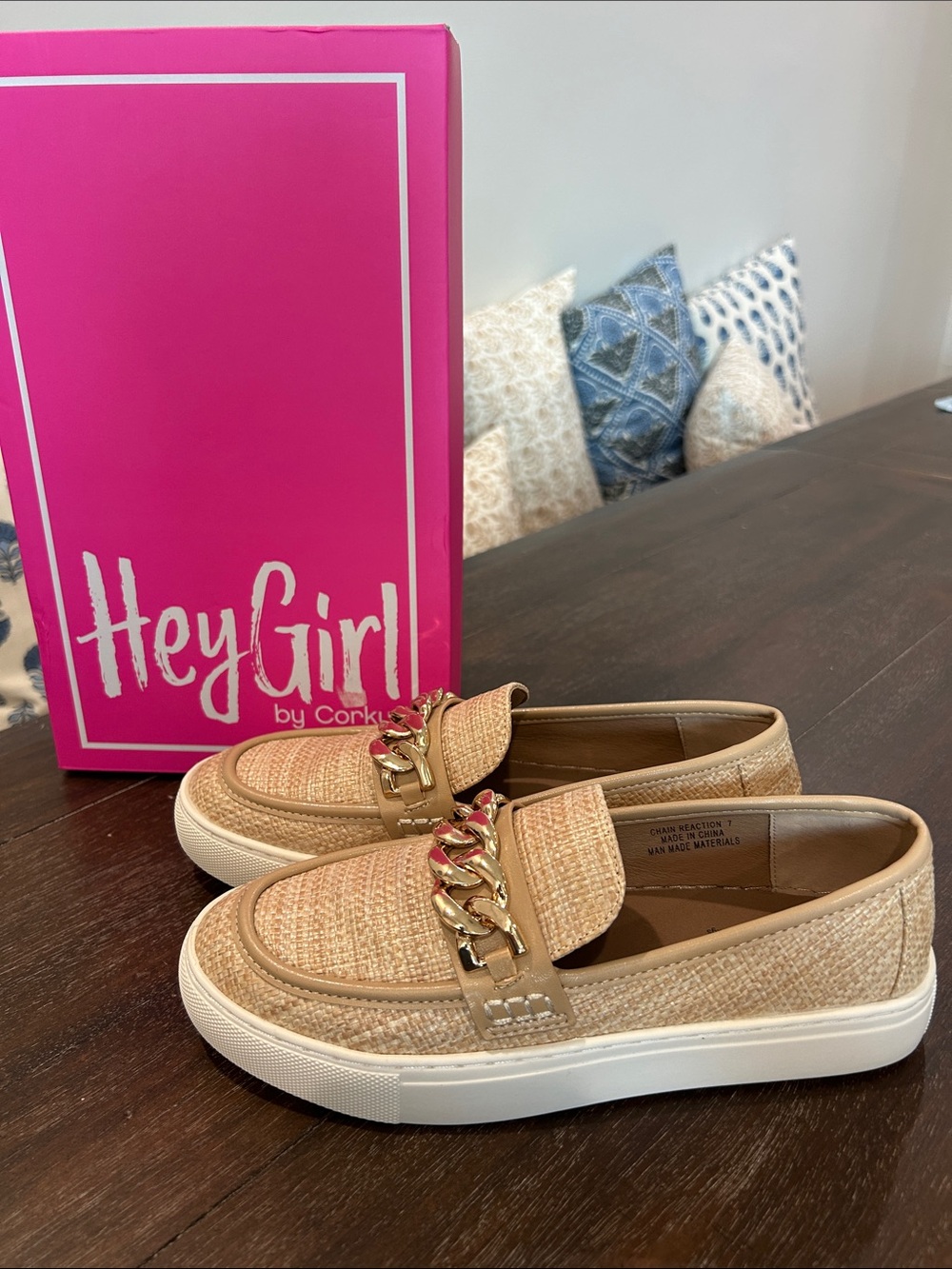 Corkys Hey Girl Tan Woven Slip-On Loafers with Gold Chain